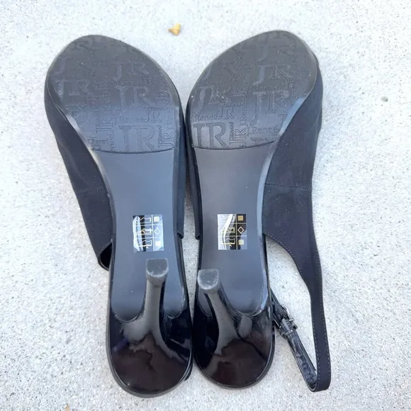 J.RENEE saturna black Slingback heels platform peep toe pumps sateen stilettos