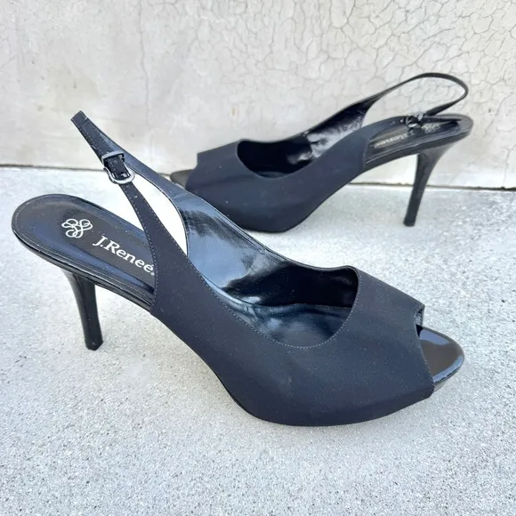 J.RENEE saturna black Slingback heels platform peep toe pumps sateen stilettos