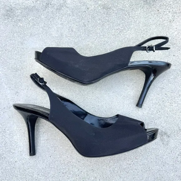 J.RENEE saturna black Slingback heels platform peep toe pumps sateen stilettos