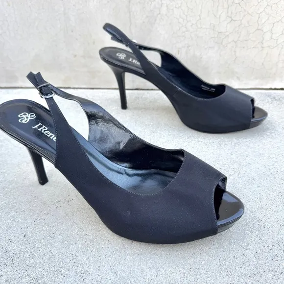J.RENEE saturna black Slingback heels platform peep toe pumps sateen stilettos