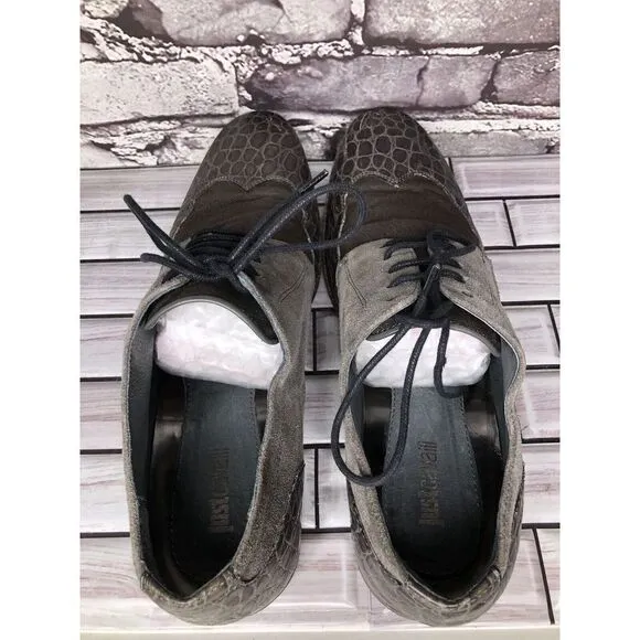 Just Cavalli Taupe Croc Leather Suede Fabric Designer Oxfords Shoes Men Sz 48EU