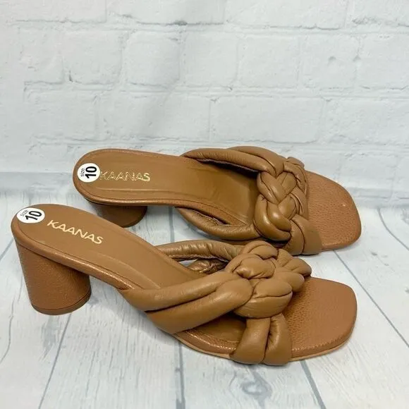 Kaanas tan braided circle chunky heel leather mules sandals size 10 new