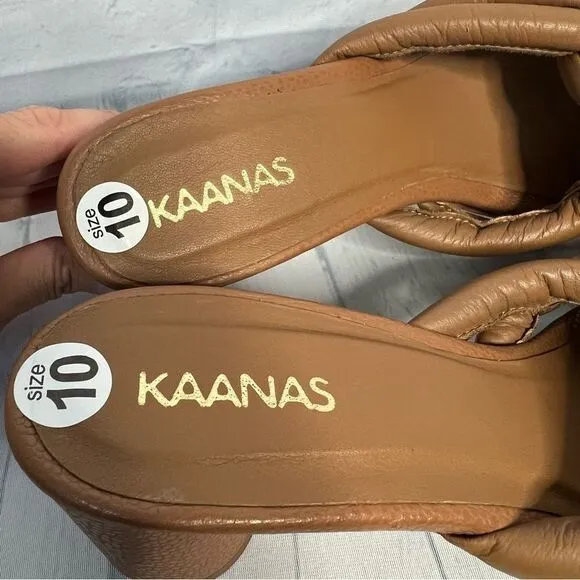 Kaanas tan braided circle chunky heel leather mules sandals size 10 new