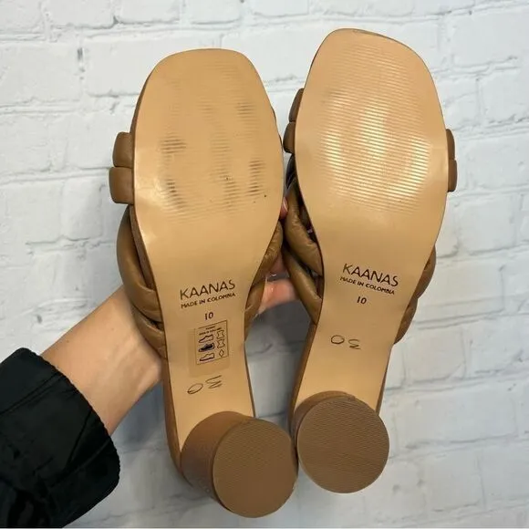 Kaanas tan braided circle chunky heel leather mules sandals size 10 new