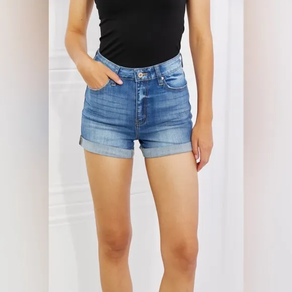 Kancan High Rise Medium Stone Wash Denim Shorts