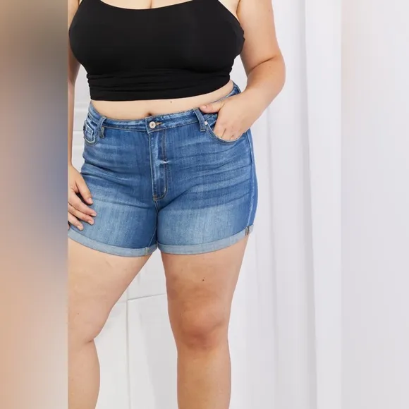 Kancan High Rise Medium Stone Wash Denim Shorts