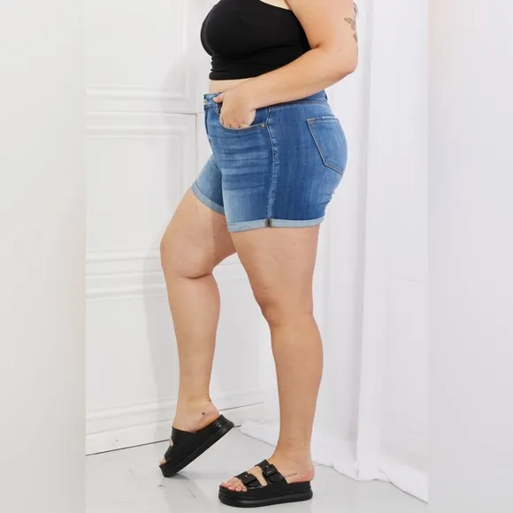 Kancan High Rise Medium Stone Wash Denim Shorts
