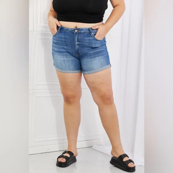 Kancan High Rise Medium Stone Wash Denim Shorts