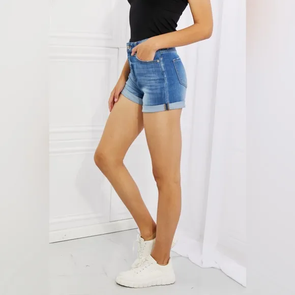 Kancan High Rise Medium Stone Wash Denim Shorts