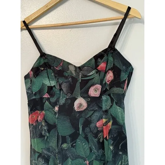Karen Millen England Women Midi Slip Dress 12 Green Floral Whimsigoth Fairy Y2K