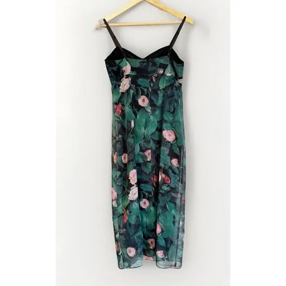 Karen Millen England Women Midi Slip Dress 12 Green Floral Whimsigoth Fairy Y2K
