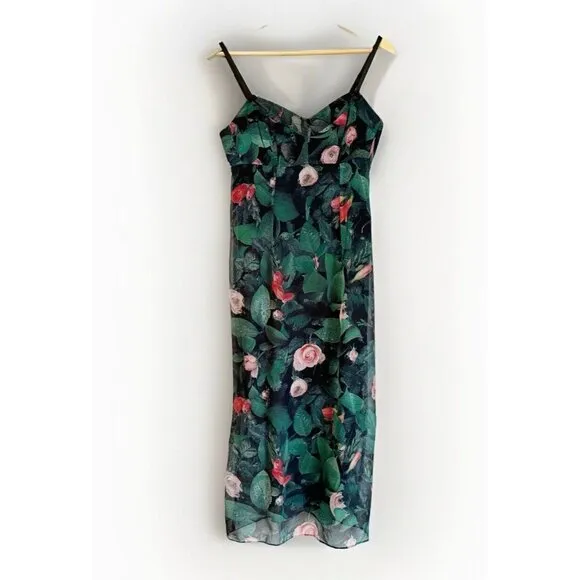 Karen Millen England Women Midi Slip Dress 12 Green Floral Whimsigoth Fairy Y2K
