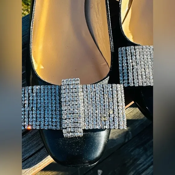 Kate Spade Black Dina Patent Kitten Heels Big Bling Bow on Toe. Sz 6b