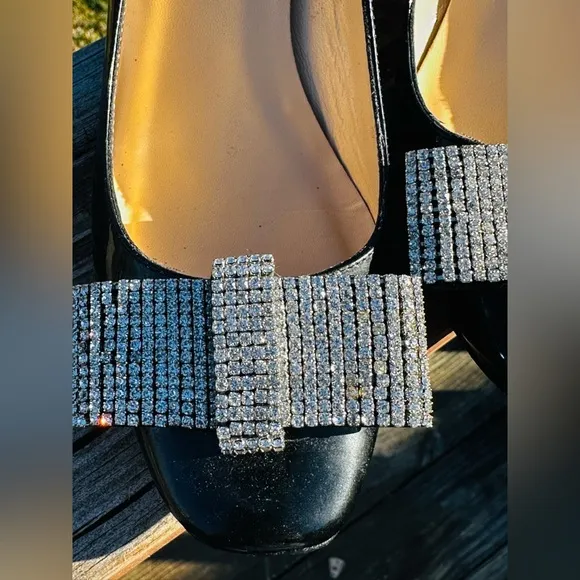 Kate Spade Black Dina Patent Kitten Heels Big Bling Bow on Toe. Sz 6b