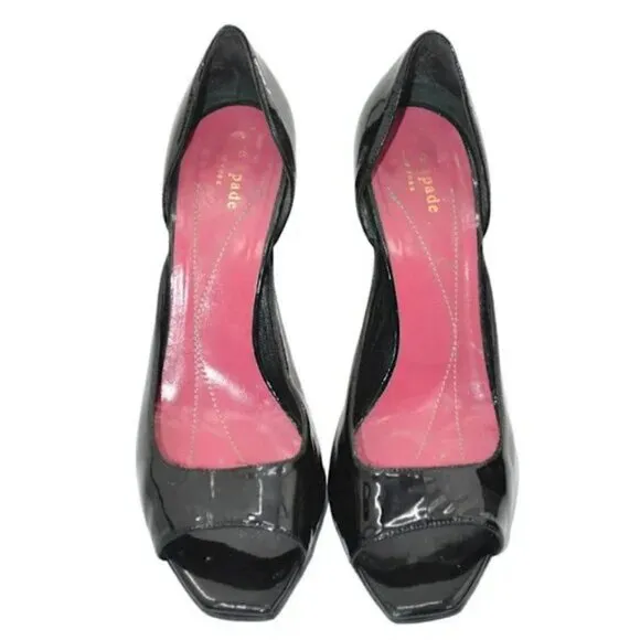 Kate Spade Black Patent Leather D'Orsay Tapered Open Toe Kitten Heels Pumps 8.5