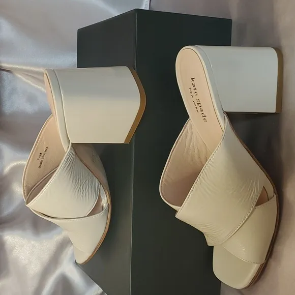 Kate Spade Bone White Venus  Crinkle Patent Leather Block Heel Mules