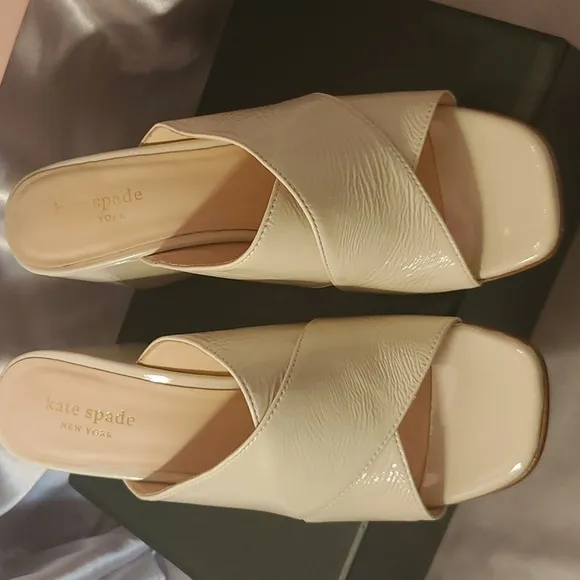 Kate Spade Bone White Venus  Crinkle Patent Leather Block Heel Mules