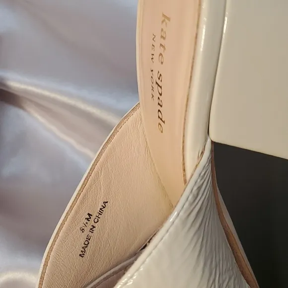 Kate Spade Bone White Venus  Crinkle Patent Leather Block Heel Mules
