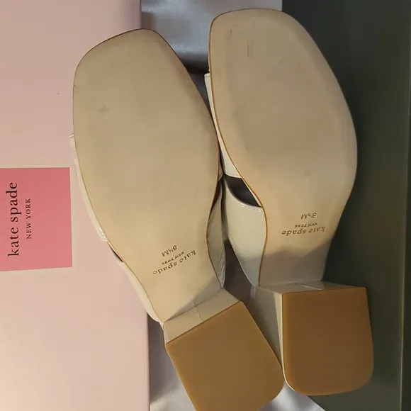 Kate Spade Bone White Venus  Crinkle Patent Leather Block Heel Mules