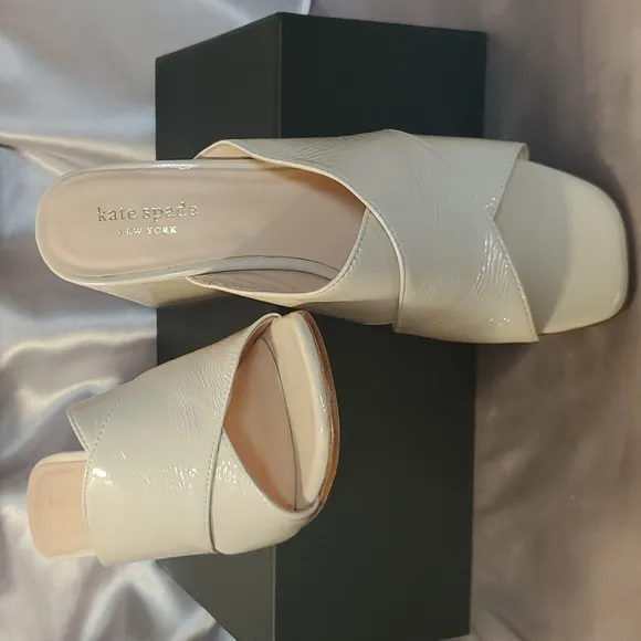 Kate Spade Bone White Venus  Crinkle Patent Leather Block Heel Mules