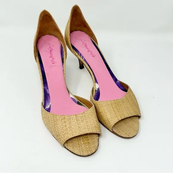 Kate Spade Eden Raffia Peep Toe Kitten Heels Pump Neutral Tan 6.5