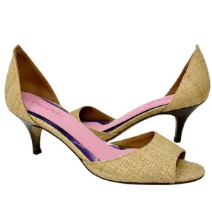Kate Spade Eden Raffia Peep Toe Kitten Heels Pump Neutral Tan 6.5