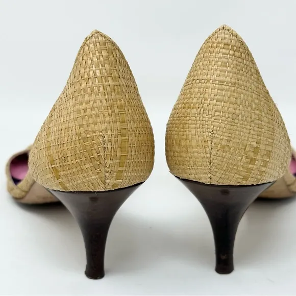 Kate Spade Eden Raffia Peep Toe Kitten Heels Pump Neutral Tan 6.5