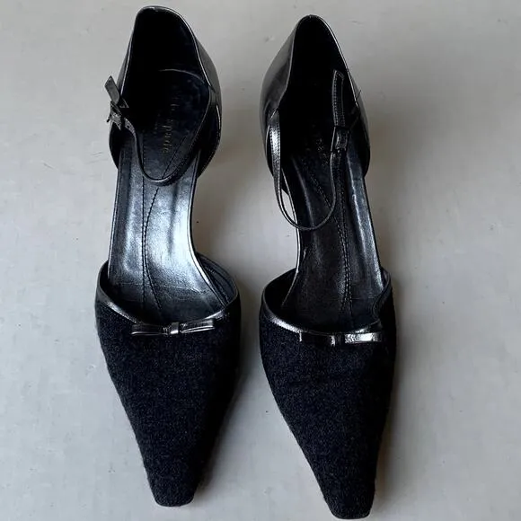 Kate Spade Gun Metal Silver Wool Kitten Heels Pumps D'Orsay Ankle Strap Size 7