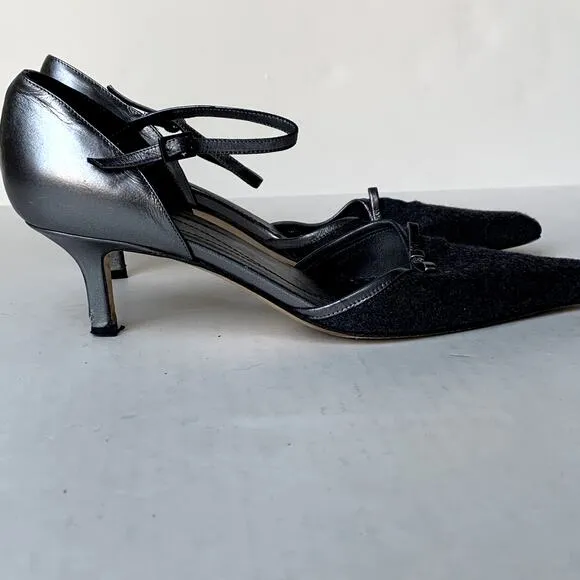 Kate Spade Gun Metal Silver Wool Kitten Heels Pumps D'Orsay Ankle Strap Size 7
