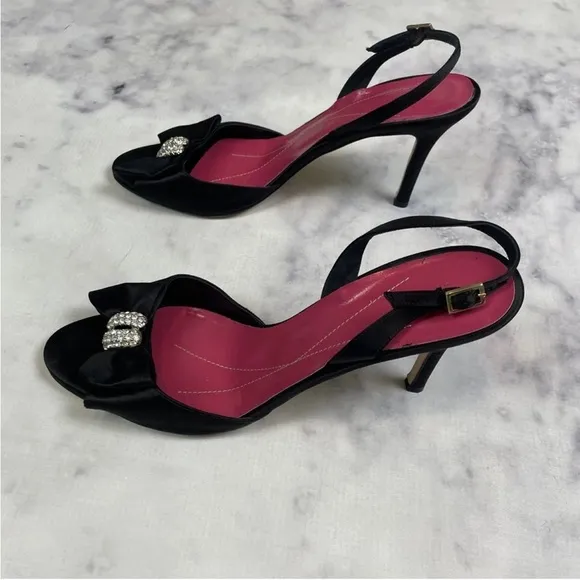 Kate Spade Happily Black Satin Rhinestone Embellished Slingback Heels
