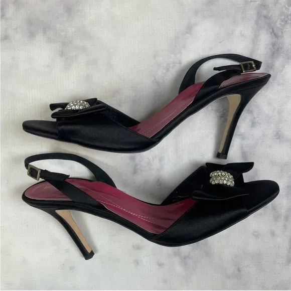Kate Spade Happily Black Satin Rhinestone Embellished Slingback Heels