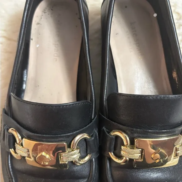 Kate Spade Kolby Black and Gold Loafers with Elegant Metal Accent