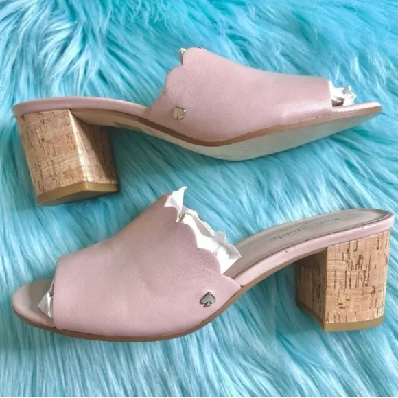 KATE SPADE LEATHER Scalloped Pale Pink Slip On Kitten Heel Mules Women’s 6