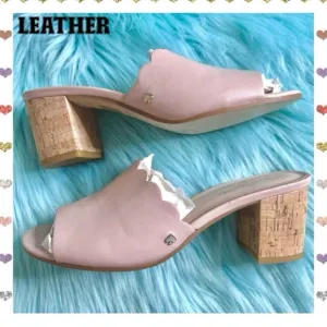 KATE SPADE LEATHER Scalloped Pale Pink Slip On Kitten Heel Mules Women’s 6