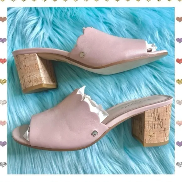KATE SPADE LEATHER Scalloped Pale Pink Slip On Kitten Heel Mules Women’s 6