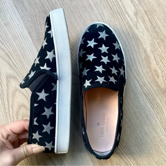 Kate Spade Liberty Black &amp; Silver Metallic Star Suede Sneakers - Slip-On