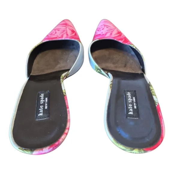 Kate Spade Pink Rose Floral Satin Kitten Slip On Heel 7