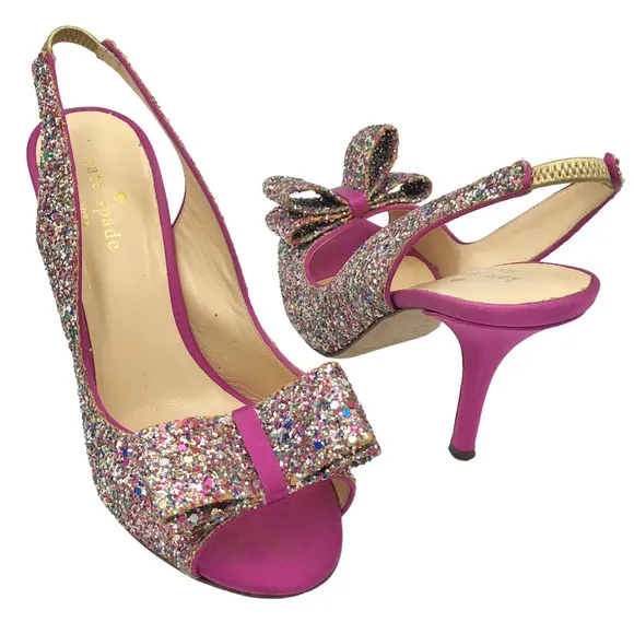 Kate Spade Rainbow Glitter Bow Slingback Heels 6
