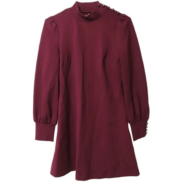 Kate Spade Turtle Neck Puffy Long Sleeve Shift Dress in Maroon Rayon
