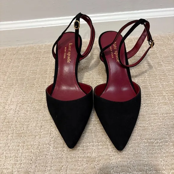 Kate Spade Voila Pumps Tassle Heels Sz 8 B Black Kitten Ankle Strap Pointed Toe