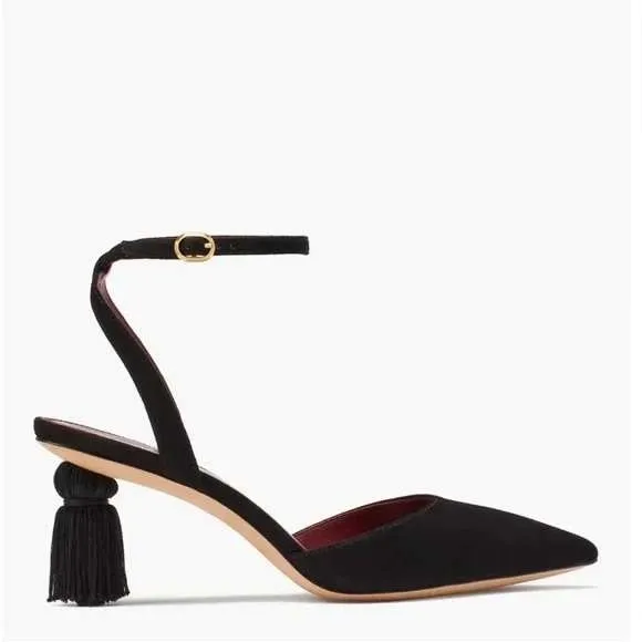 Kate Spade Voila Pumps Tassle Heels Sz 8 B Black Kitten Ankle Strap Pointed Toe