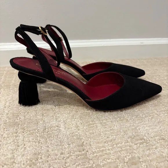 Kate Spade Voila Pumps Tassle Heels Sz 8 B Black Kitten Ankle Strap Pointed Toe