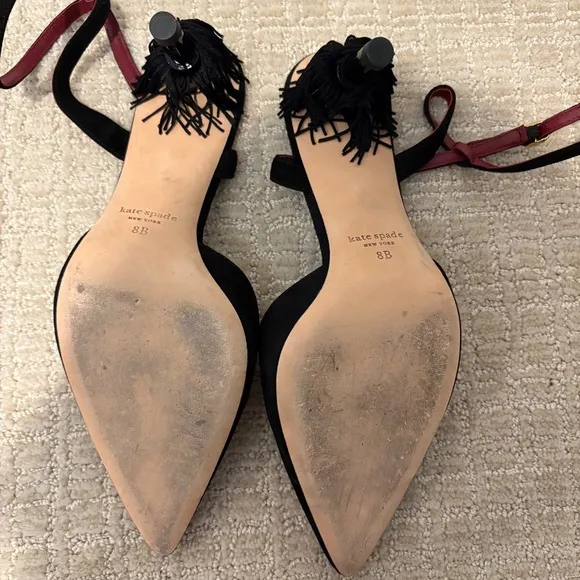 Kate Spade Voila Pumps Tassle Heels Sz 8 B Black Kitten Ankle Strap Pointed Toe