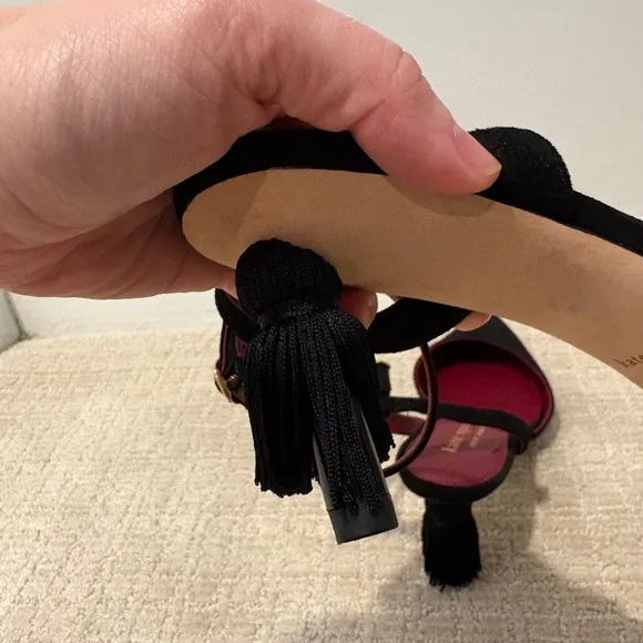 Kate Spade Voila Pumps Tassle Heels Sz 8 B Black Kitten Ankle Strap Pointed Toe