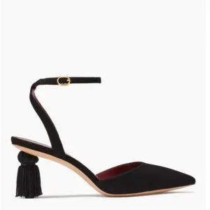 Kate Spade Voila Pumps Tassle Heels Sz 8 B Black Kitten Ankle Strap Pointed Toe