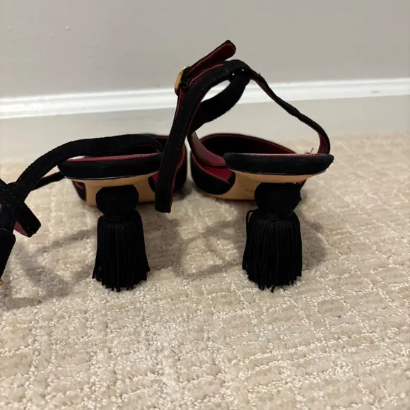 Kate Spade Voila Pumps Tassle Heels Sz 8 B Black Kitten Ankle Strap Pointed Toe