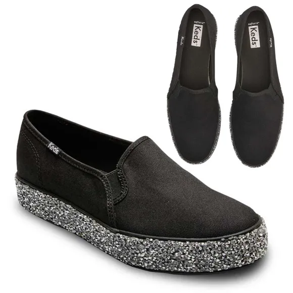 Keds Triple Decker Rock Salt Glitter Slip On Black Platform Sneaker Sz 8.5 NWOB
