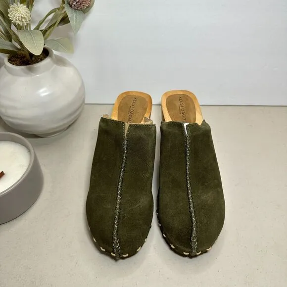 Kelsi Dagger Brooklyn Journal Clogs Suede Mid Heel Olive Women's 6.5 NWB