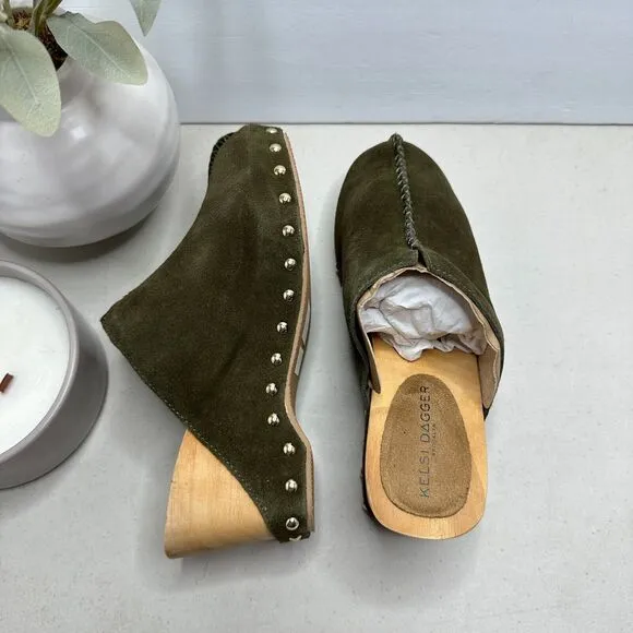 Kelsi Dagger Brooklyn Journal Clogs Suede Mid Heel Olive Women's 6.5 NWB