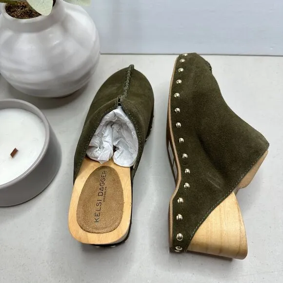 Kelsi Dagger Brooklyn Journal Clogs Suede Mid Heel Olive Women's 6.5 NWB